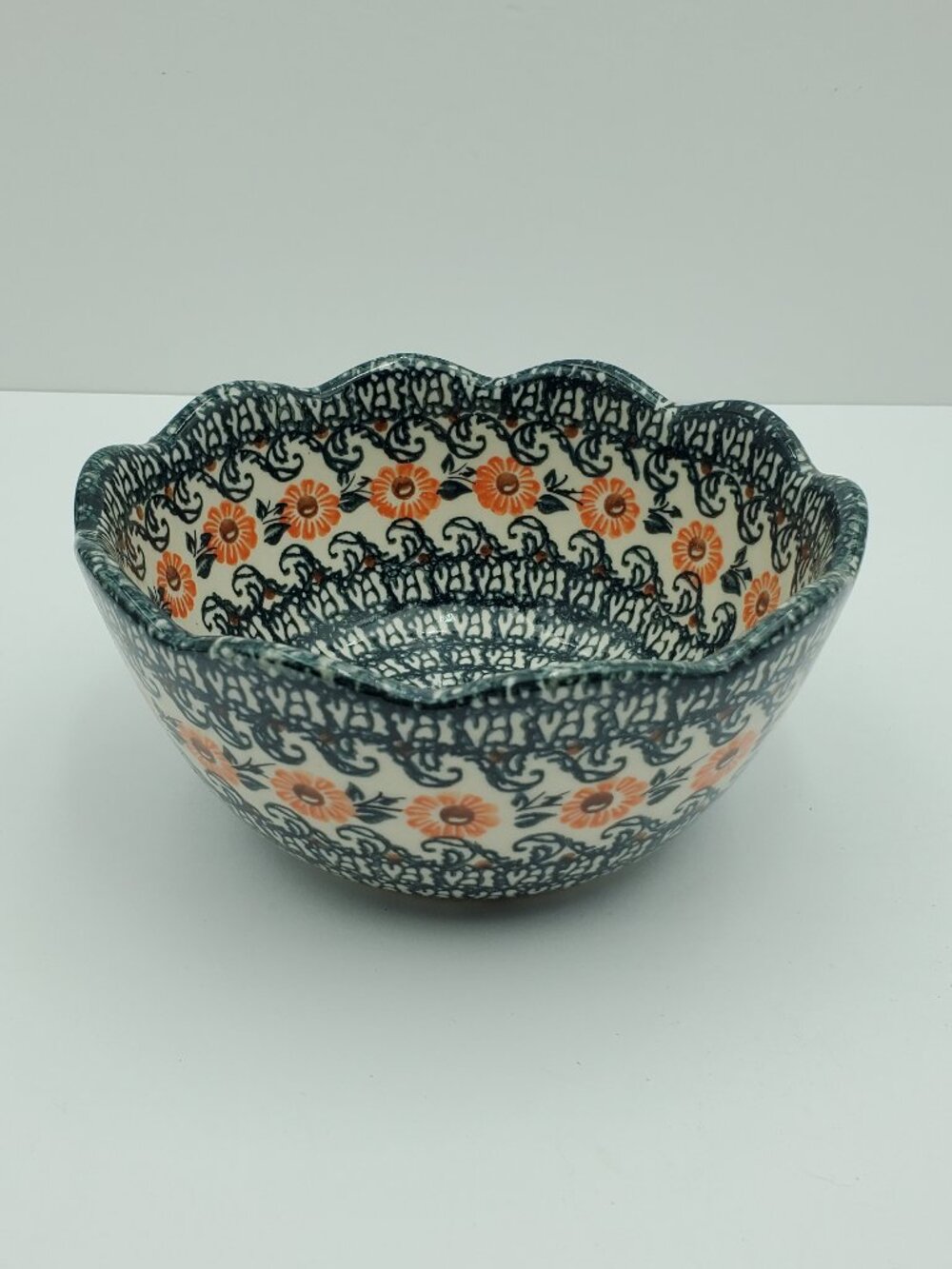 Polish Pottery Meadow Floret Scalloped Bowl Unikat Floral Bowl